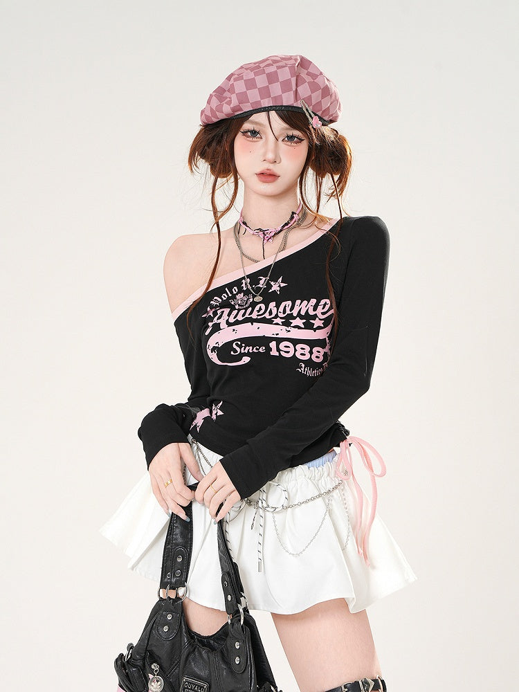 ブラック/ホワイト アシンメトリーネックライン ドローストリングウエスト グラフィックトップ