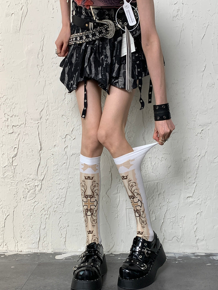 Y2K Strümpfe Weiß Bowknot Unterknee Kreuz Druck Und