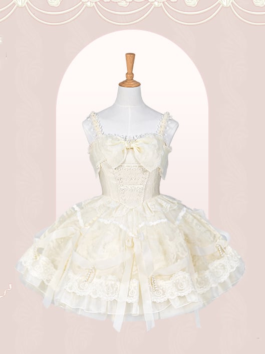 Kleid Prinzessin Lolita Weiß Taille auf und Band Schleifen Perlen Baskenrock Creme