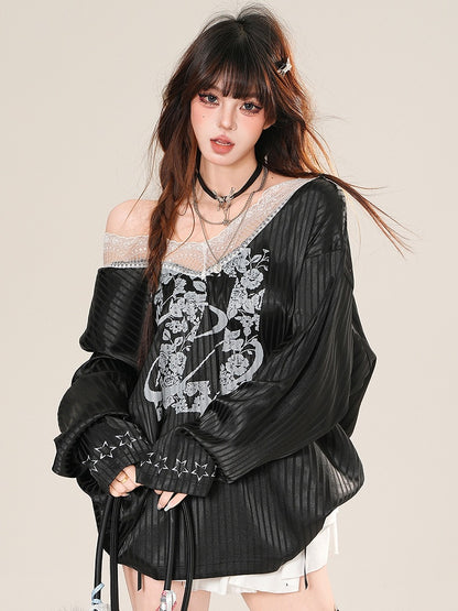 Striped Bittersweet Trim Glamorous Black Core Long Sleeves Top Blokette Print Floral Lace