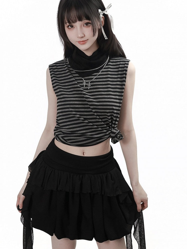 Gray Striped Tank Top with Cross Chain Scarf - PINK SAVIOR