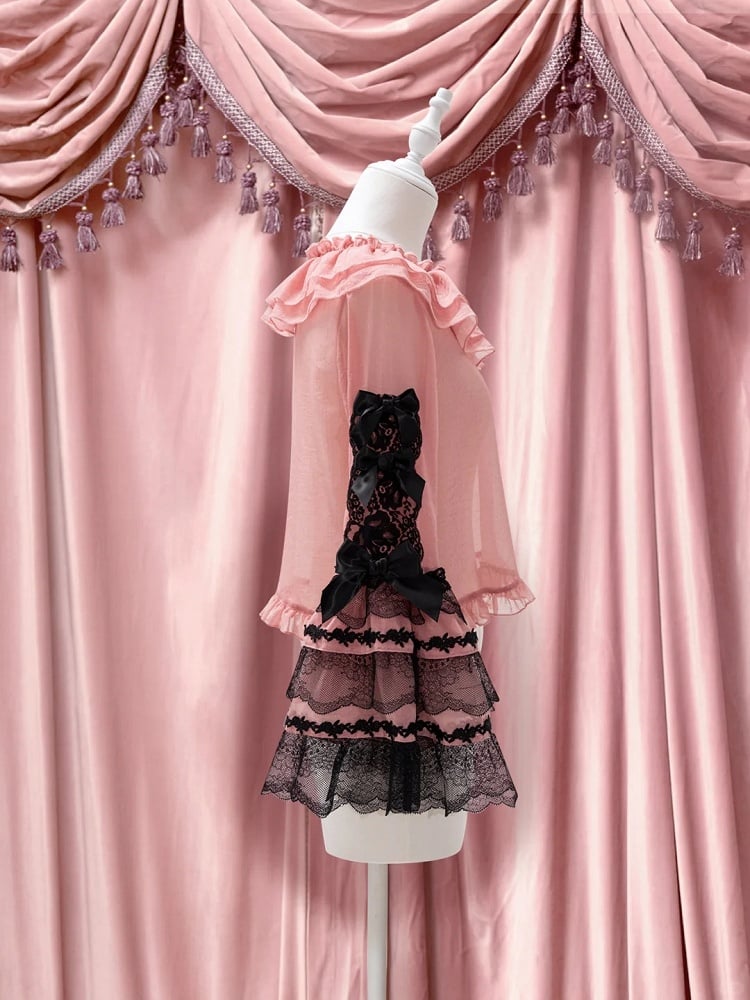 Accents Lolita Bow Blouse Pink Sleeves Black with Lace and Bell