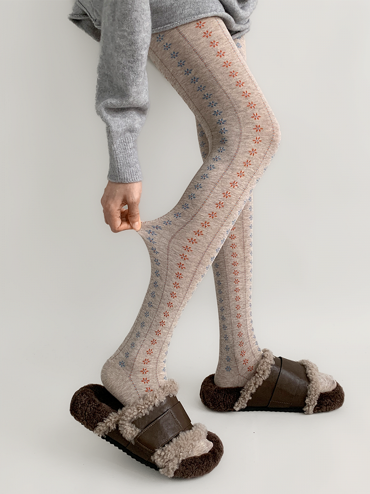 Floral Dark Tights Gray/Khaki Warm Pattern Ribbed