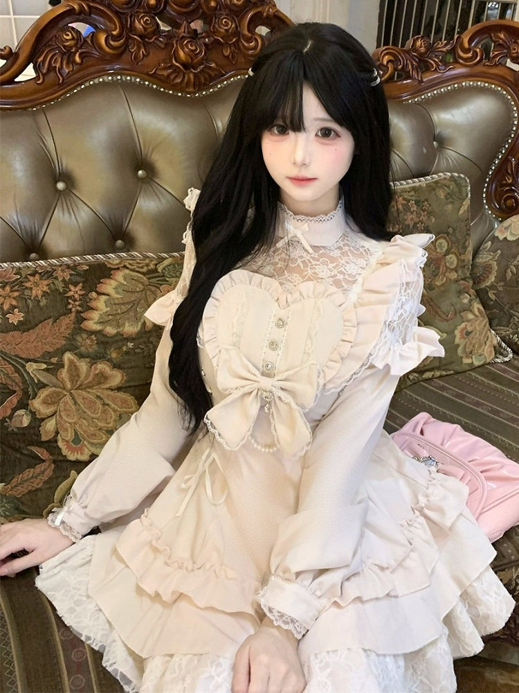 Pink Ryousangata Lace Patch Long Sleeve Dress Shorts Bow Set - Jiuniang Cherry