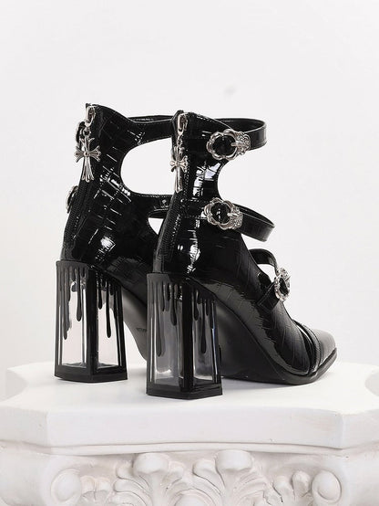 Polierte schwarze Gothic-Krokodil-Schnallenriemen mit Bluttropfen-Blockabsatz