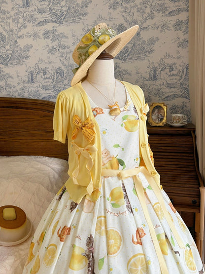Yellow Sweet Lolita Floral Print Jumper Dress with Cat Motif - Cutey Mask