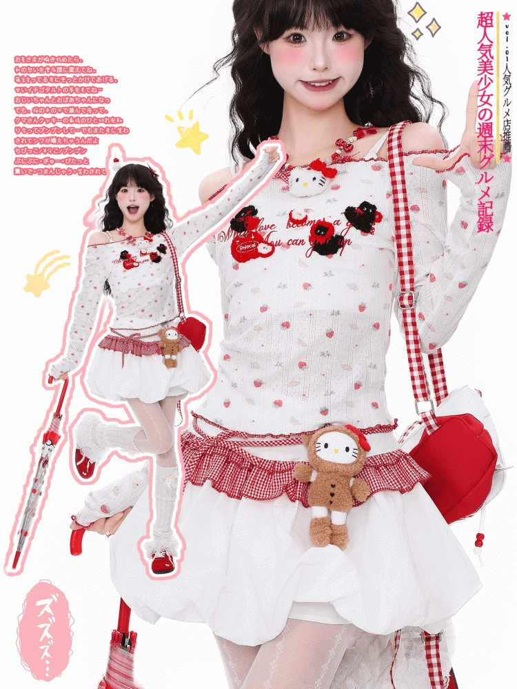 Cherry Adorable Off-Shoulder with White Print Embroidery Top Knit Semi-Sheer