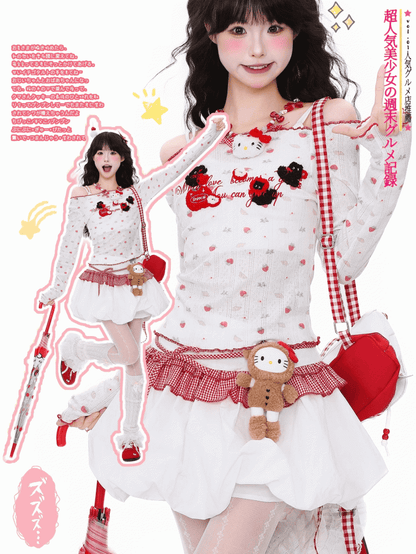 Cherry Adorable Off-Shoulder with White Print Embroidery Top Knit Semi-Sheer