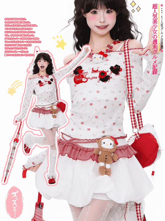 Cherry Adorable Off-Shoulder with White Print Embroidery Top Knit Semi-Sheer