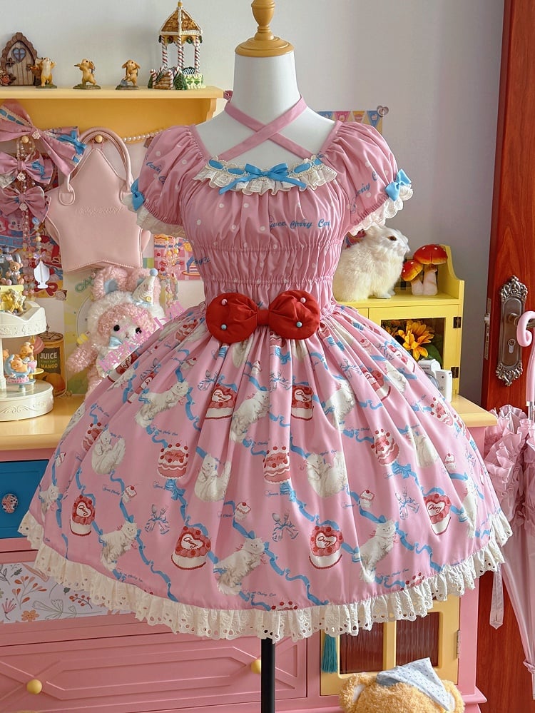 Sweet Kitty Mieder Lolita Print Einteiler gesmokt rosa elastische Schleifen und