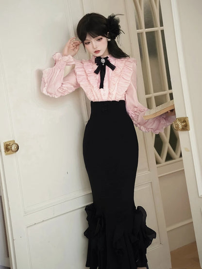 Pink Long Sleeve Blouse & Black Mermaid Skirt Boned Waist Lolita Dress - With PUJI