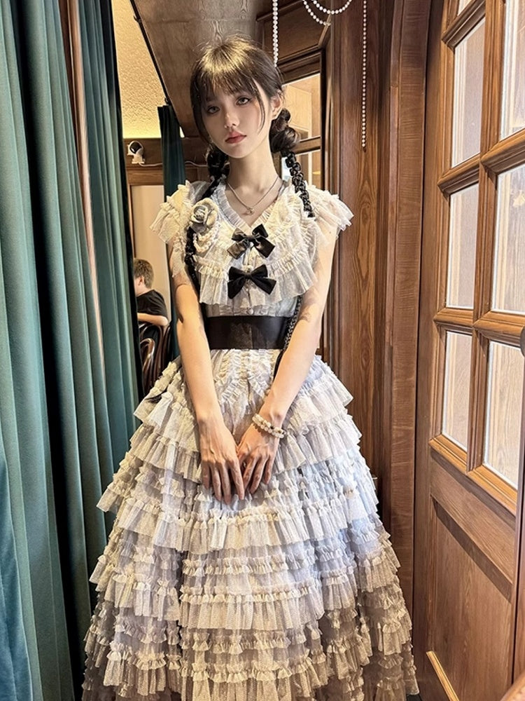 Elegant Waist + Cotton Skirt Tulle Lolita Vest Set Multi-layered Mesh Classic Gray Belt Dotted -