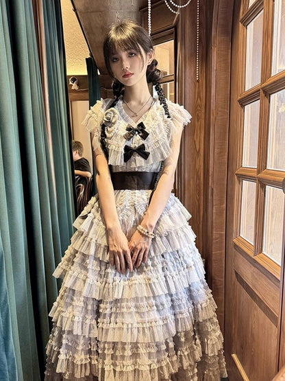 Elegant Waist + Cotton Skirt Tulle Lolita Vest Set Multi-layered Mesh Classic Gray Belt Dotted -