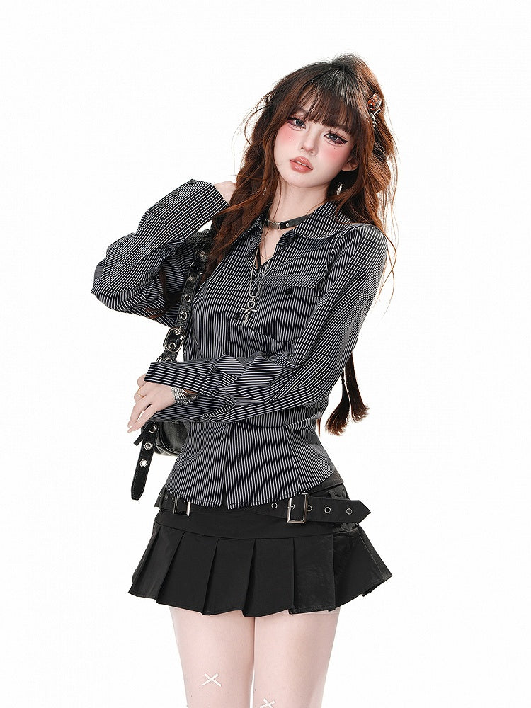 ブラックストライプ/ホワイトレースパッチバックスリムフィットシャツ