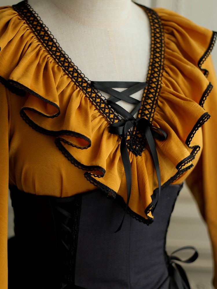 Pumpkin Orange Lace-up Structured Ruffles V-neck Long-Sleeve Blouse