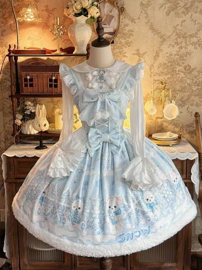 Sweet Winter Lolita Snowy Teddy Print Light Blue Dress JSK Full Set