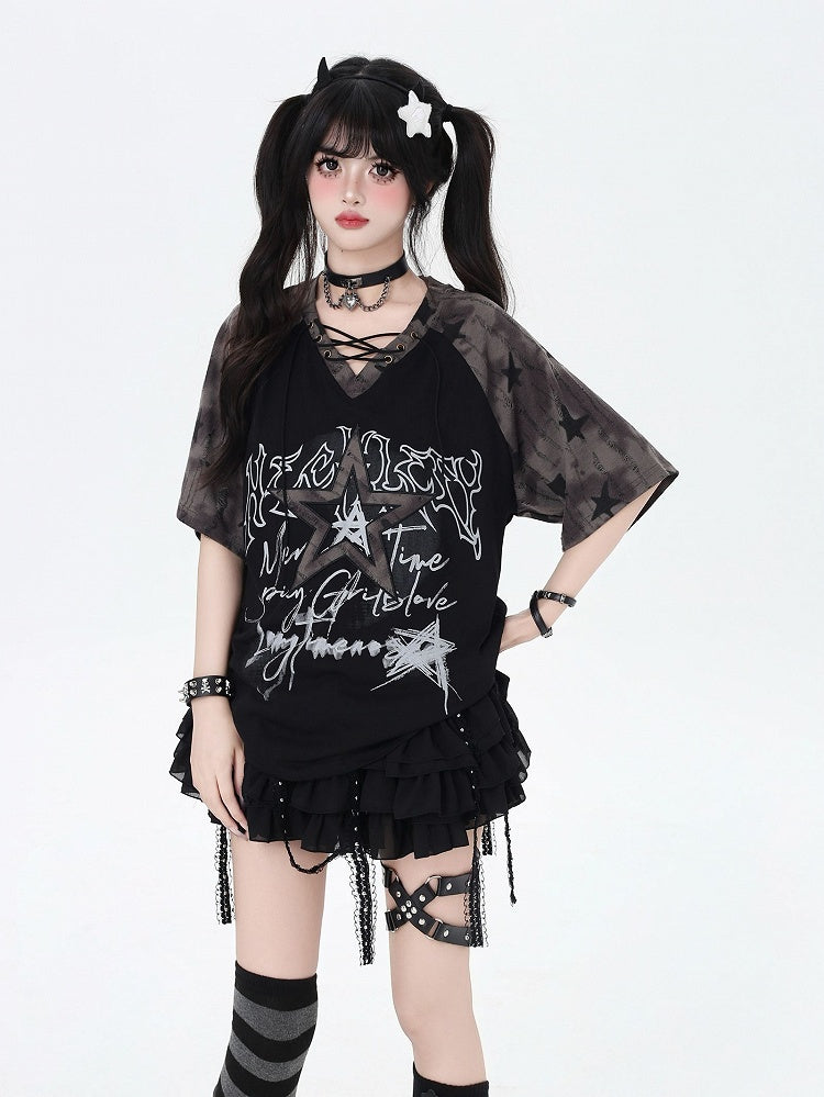 デザイン レースアップ Vネック スター Tシャツ ルーズ ブラック カラーブロック プリント