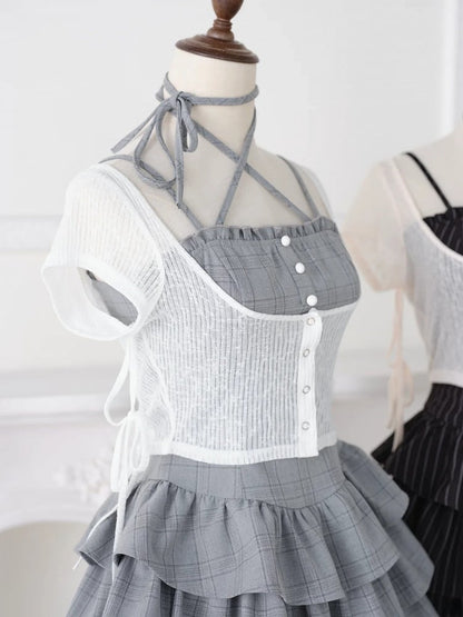 Ryousangata Gray Plaid Tiered Ruffle Camisole Dress White Cropped Top Set - No Genki