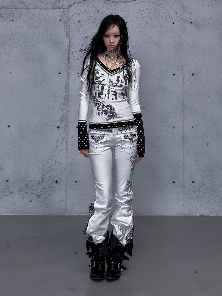 Pocket Top Pattern Punk Heart Rock Patch White with