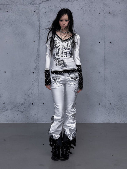 Pocket Top Pattern Punk Heart Rock Patch White with