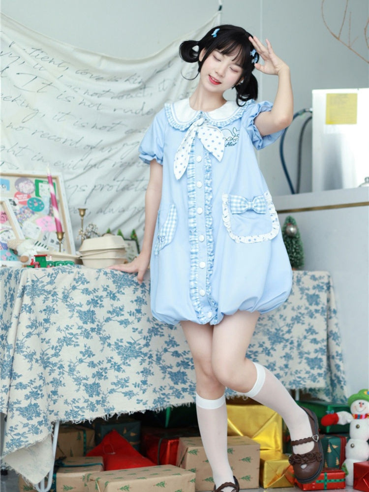 Blue Peter Pan Collar Whale Pattern  Bowknots Bubble Skirt Dress