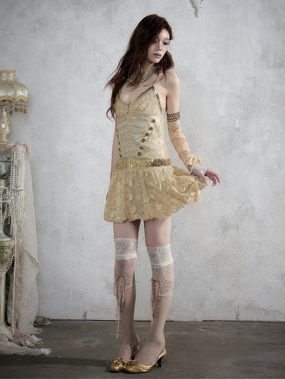 Golden Jacquard Cami Dress with Sequin Accents - NO ROMANCE