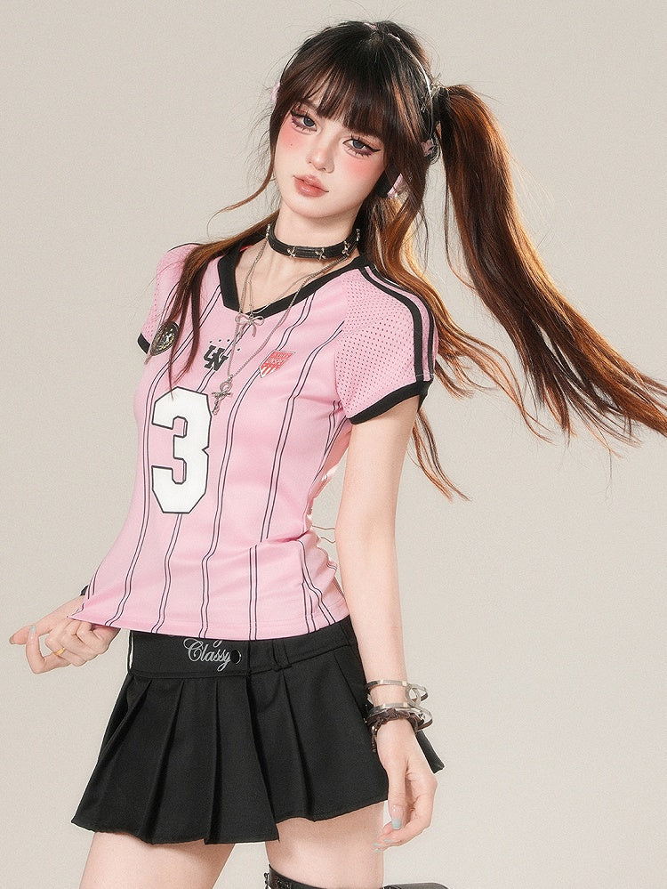 華やかなTシャツ プリントナンバーストライプ柄 Vネック ピンク