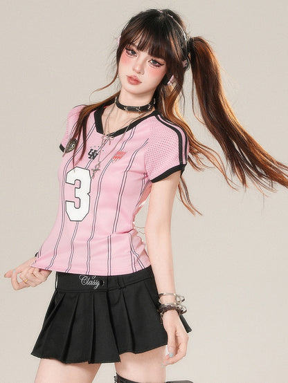 華やかなTシャツ プリントナンバーストライプ柄 Vネック ピンク