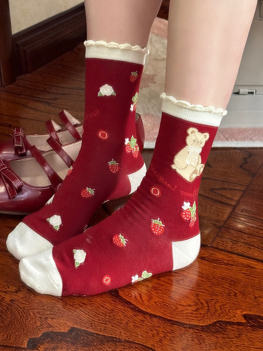 Sweet Pattern Lolita Bear Strawberry Ruffled Bunny Socks Cotton Theme and 4 Colors