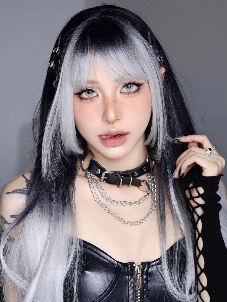 Ombre Bangs 68CM With Wig Air Silver And Black Straight