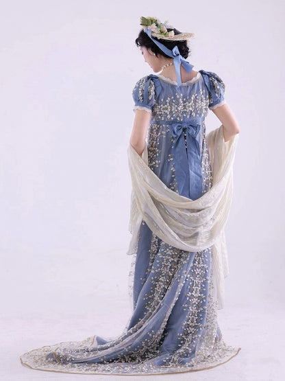 Blaues, elegantes Lolita-Maxikleid mit Empire-Taille und Blumenmuster, bodenlange Version