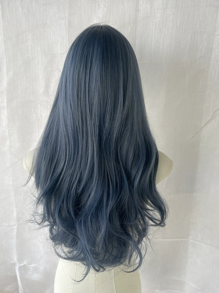 with Bangs Wavy Dusty 65CM Blue Wig