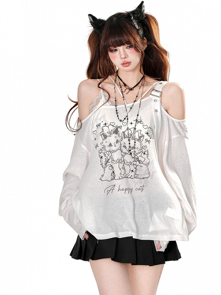 Schwarz/weißes, halbtransparentes Oberteil mit asymmetrischem Ausschnitt und langen Ärmeln