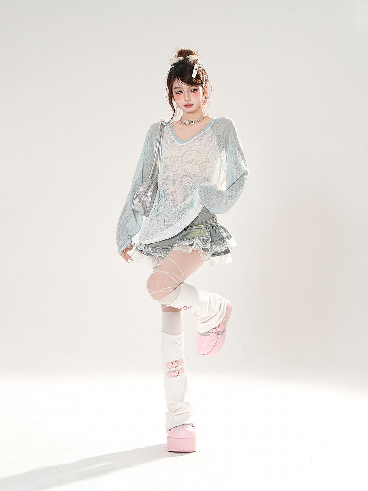 ブルー/ピンクプリントのセミシースルーカバーアップVネックスター