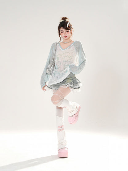 ブルー/ピンクプリントのセミシースルーカバーアップVネックスター