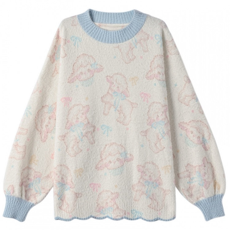Beigefarbener Pullover mit süßem Lammmuster und gewelltem Rand