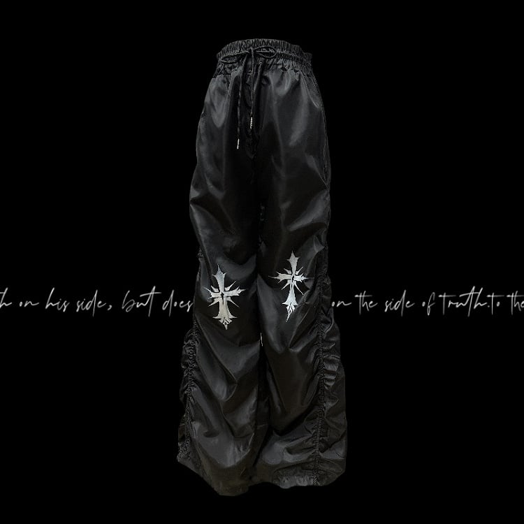 ウエストクロスプリントデザイン ドローストリング ブラック ルーシュ カジュアルパンツ