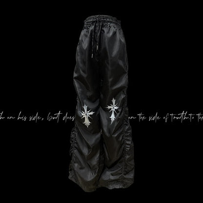 ウエストクロスプリントデザイン ドローストリング ブラック ルーシュ カジュアルパンツ