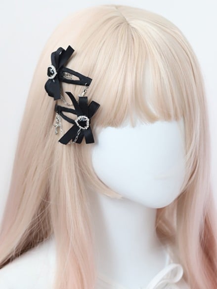 Hairclip Black/Pink Cross Kei Heart Bowknot Jirai Rhinestone