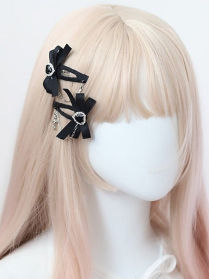Hairclip Black/Pink Cross Kei Heart Bowknot Jirai Rhinestone
