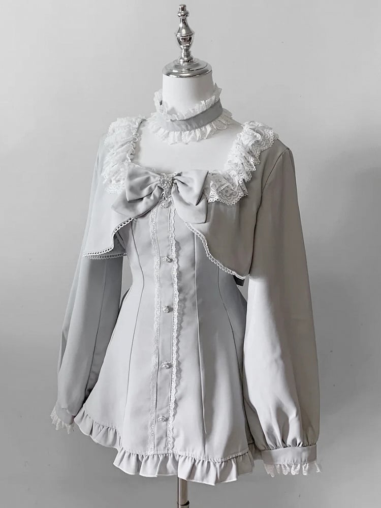 Jirai Kei Gray Long Sleeve Full Set : Lace-Trimmed Square Neck Top & Shorts with Detachable Bow Tie and Choker