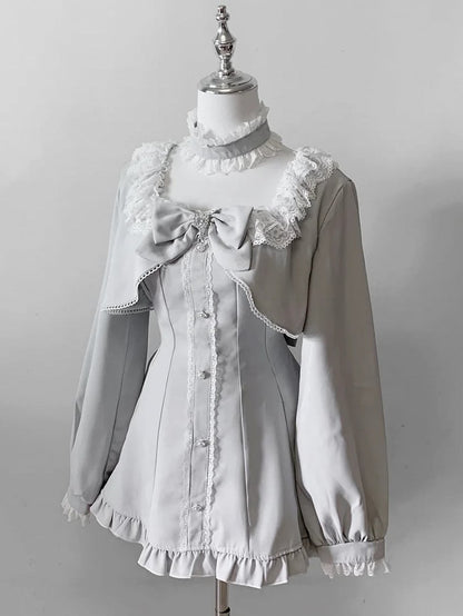 Jirai Kei Gray Long Sleeve Full Set : Lace-Trimmed Square Neck Top & Shorts with Detachable Bow Tie and Choker