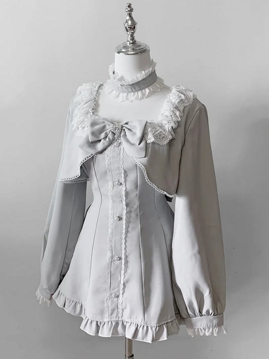 Jirai Kei Gray Long Sleeve Full Set : Lace-Trimmed Square Neck Top & Shorts with Detachable Bow Tie and Choker