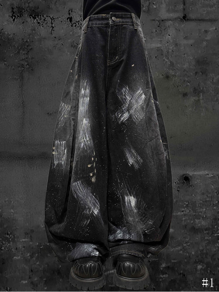 Distressed Graffiti Jeans Paint Wide-Leg and with Black Splatter Cross