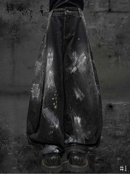 Distressed Graffiti Jeans Paint Wide-Leg and with Black Splatter Cross