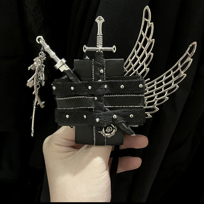 And BlackSilver Hairclip Wing Sword Skeleton Decorated Floral Charm