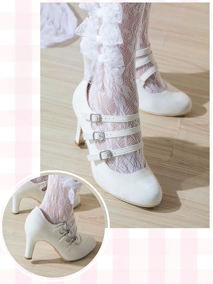 Lolita High-heel Suede Fashion Elegant Detail Strap White Buckle for with Janes Mary Triple