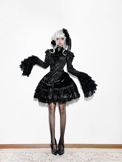 Long Sleeves Shirt Gothic High Boned Black Set All Lolita - Bell + Full Tie Mini Hat Jabot Skirt Waist