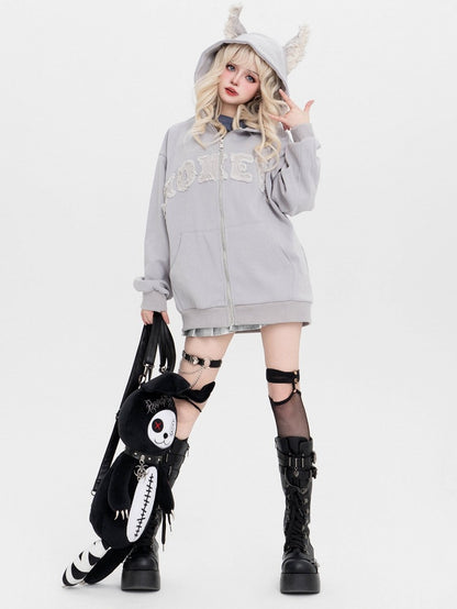 Non-Fleece And With Ears Print Grey Applique Puppy Letter Light Hoodie