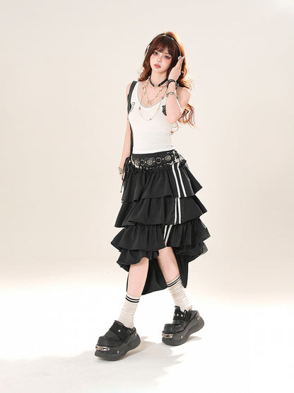 Black Asymmetrical Hem Tiered Skirt